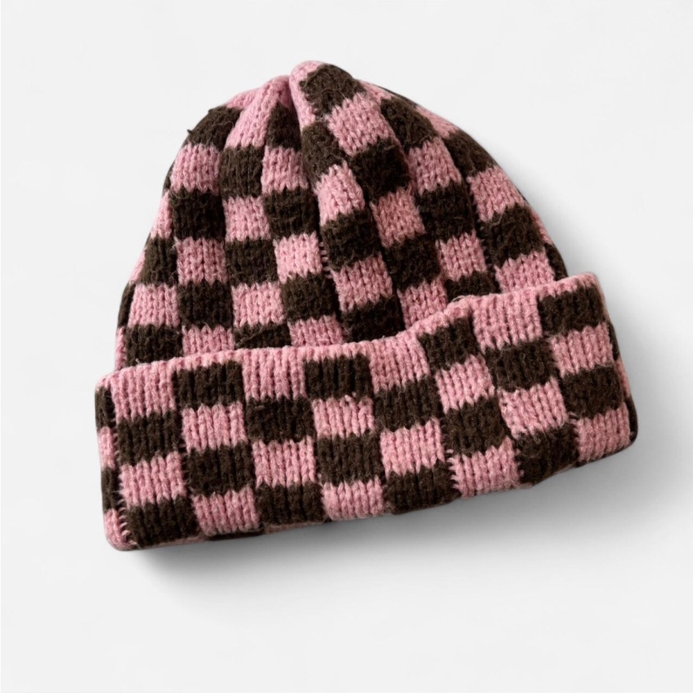 Brown and pink checkerboard beanie